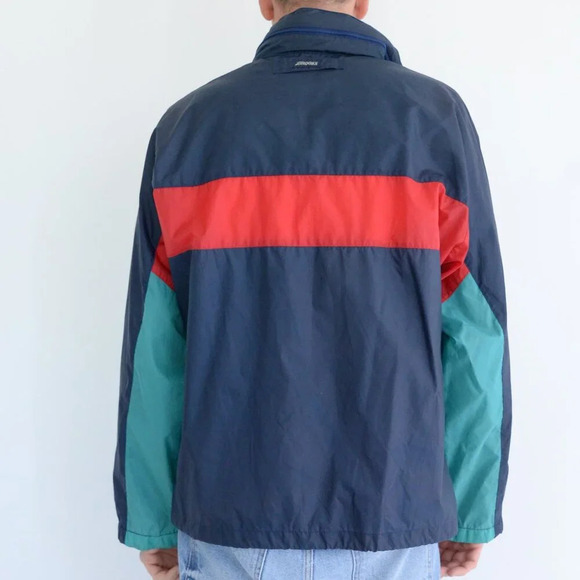 Vintage Brooks Red Navy Zip Waterproof Nylon Stowaway Hood Windbreaker Jacket  M - Picture 3 of 11